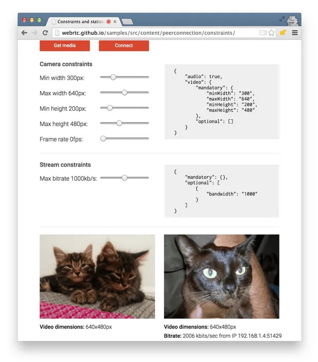 WebRTC constraints sample
