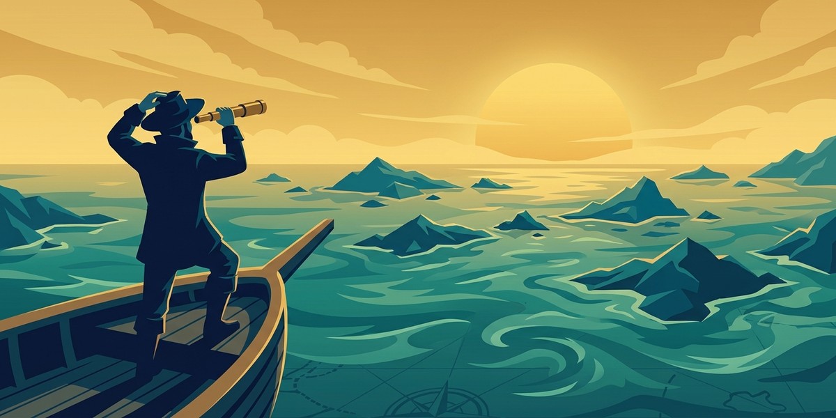 An explorer with a spyglass surveying a WebRTC ecosystem archipelago