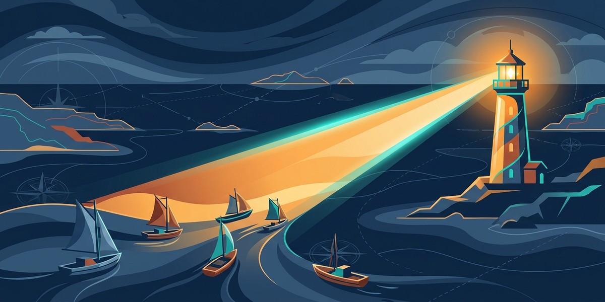 A lit lighthouse beam guiding small boats toward it