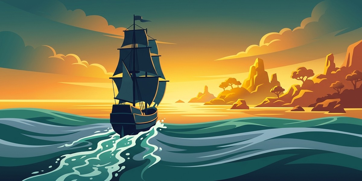 A ship sailing toward glowing islands on the horizon