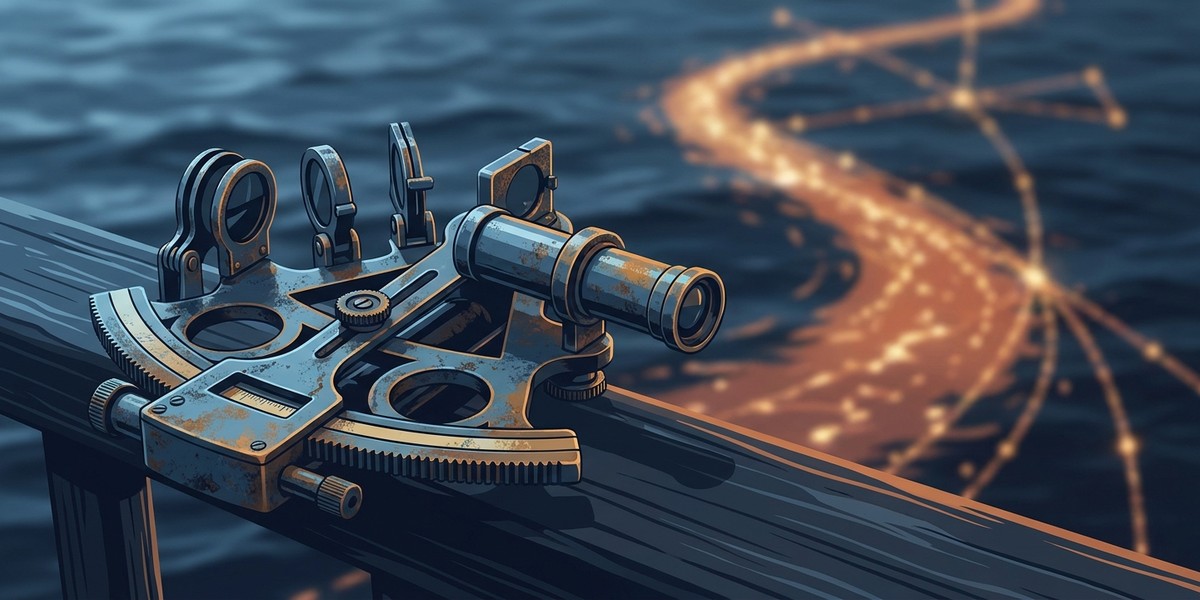 An abandoned brass sextant with a new route glowing beyond it