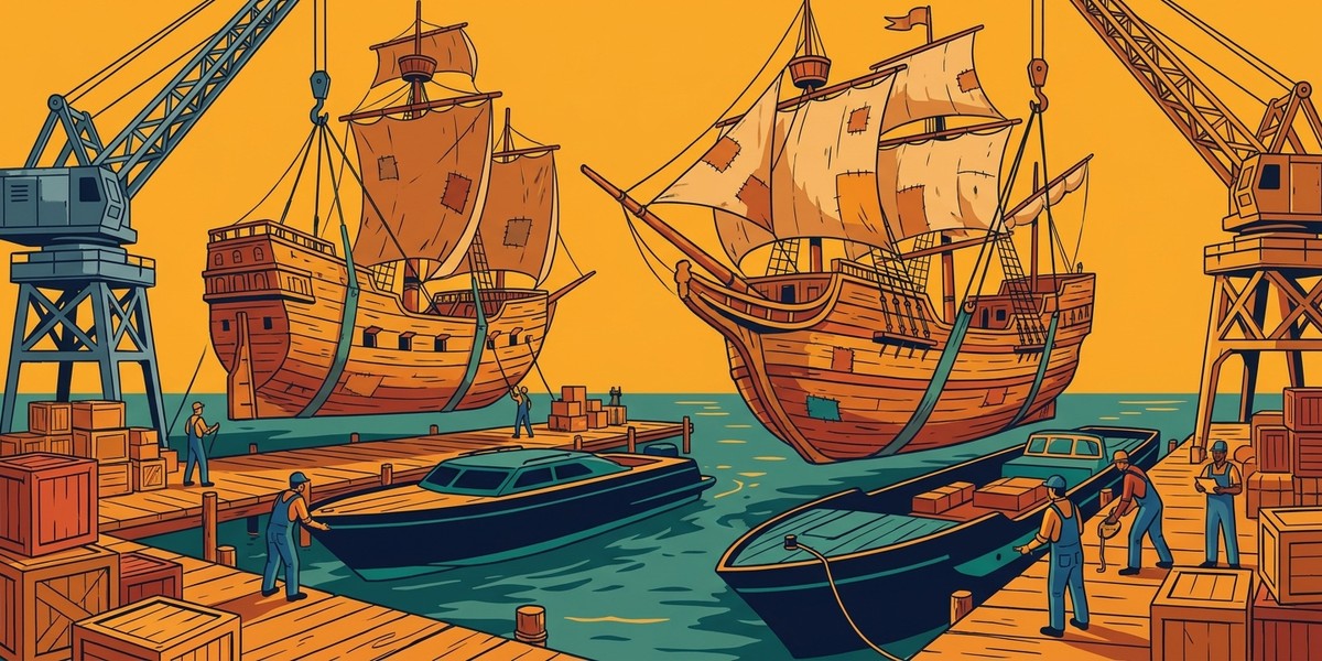A harbor swapping old ships for new ones at the dock