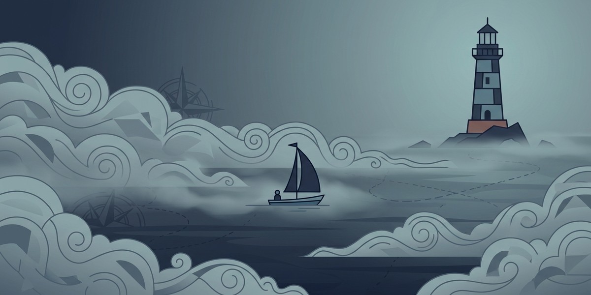 A small boat adrift in fog near an unlit lighthouse, a useful tool nobody can find