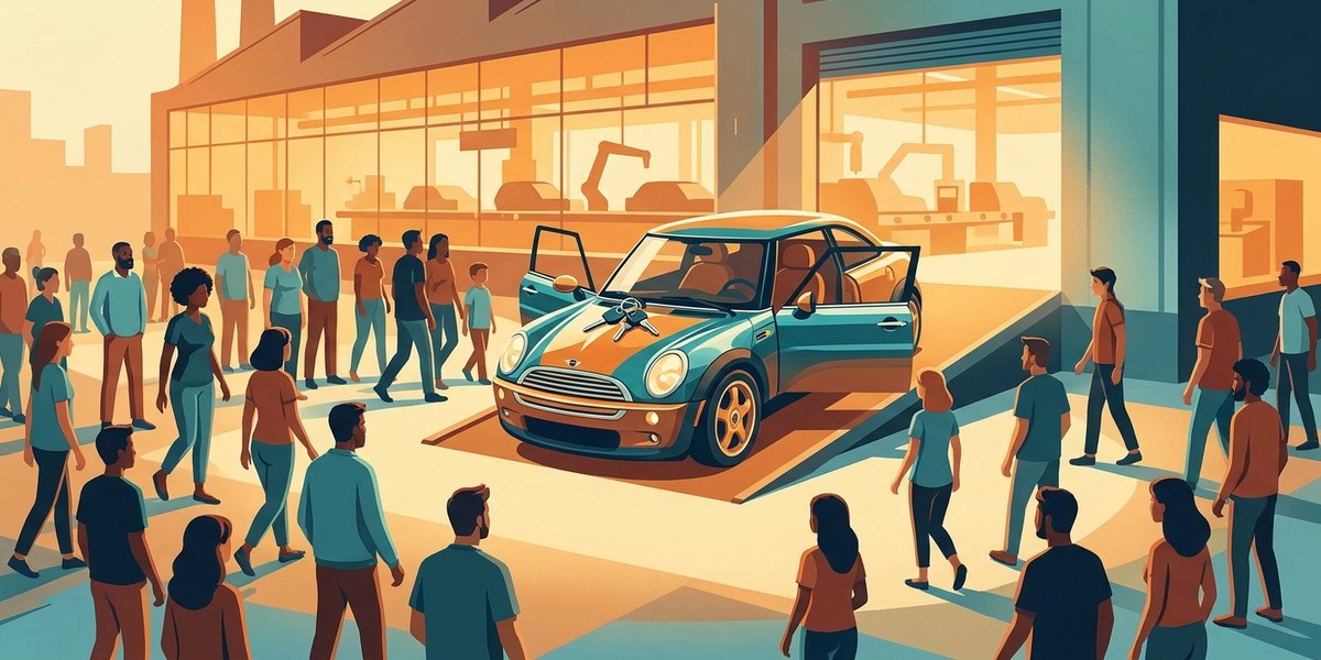 A crowd filling a bright showroom around a finished car, doors open and ready to drive away