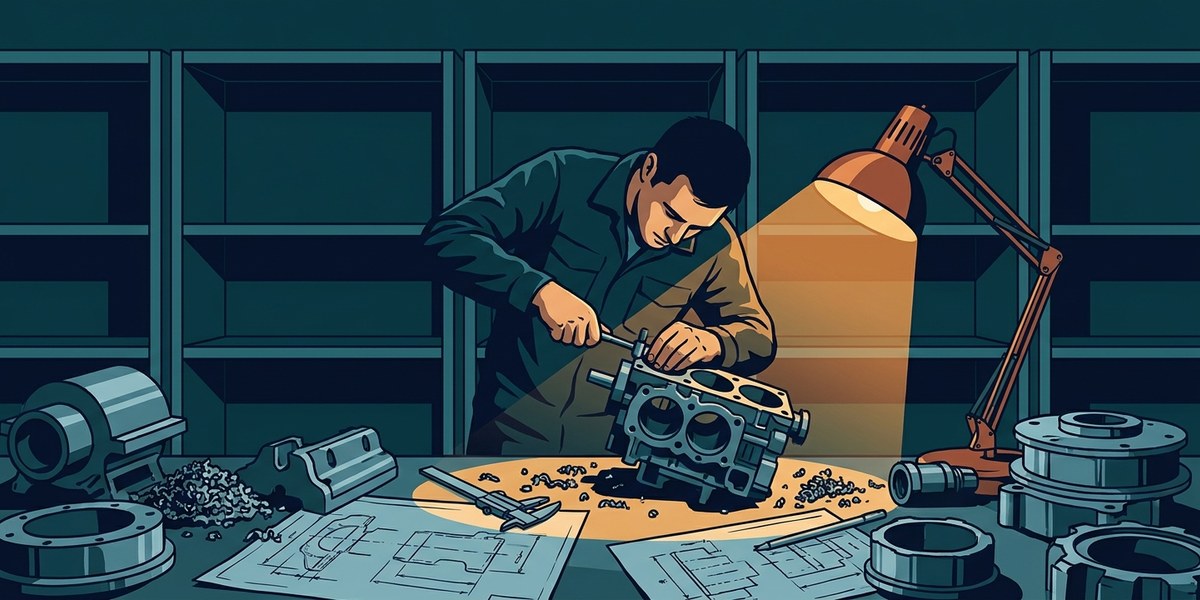 A mechanic at a workbench assembling an engine by hand from loose parts and drawings