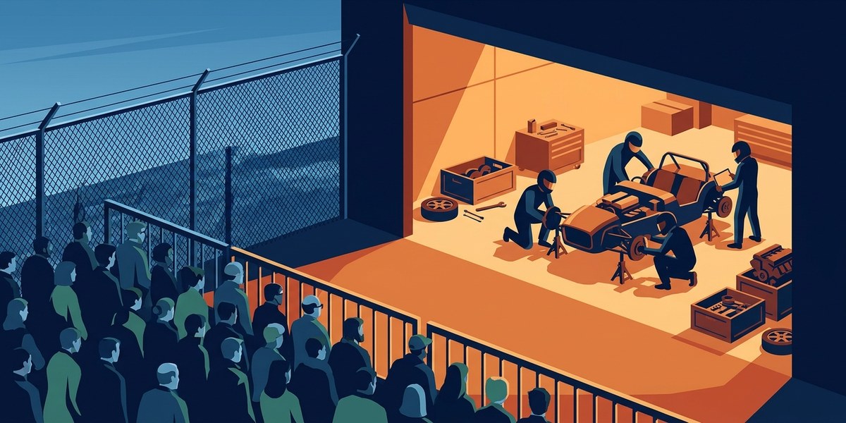 A small specialist crew working on a chassis in a lit pit while a large crowd watches from behind a fence