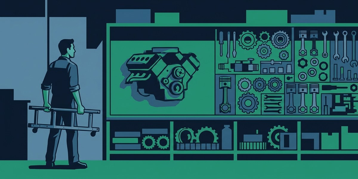 A man carrying a bare chassis past a wall of engines and parts that do not fit it