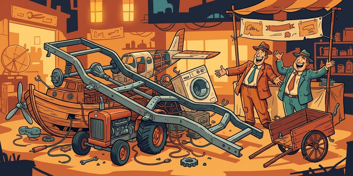 Salesmen in a bazaar hawking a boat, a tractor and a cart all built on the same chassis