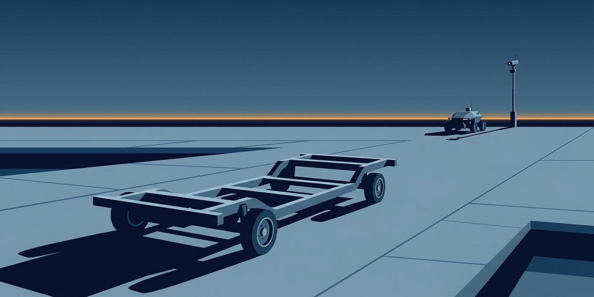 A lone chassis on an empty road at dusk with a single distant car