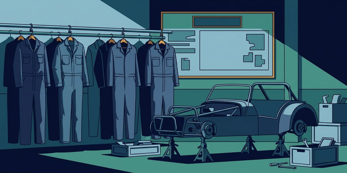 A row of empty mechanic uniforms hanging beside a chassis on stands in a workshop