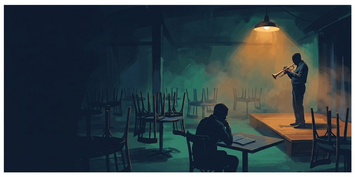 A trumpeter playing to a nearly empty club before the set, one listener at a table