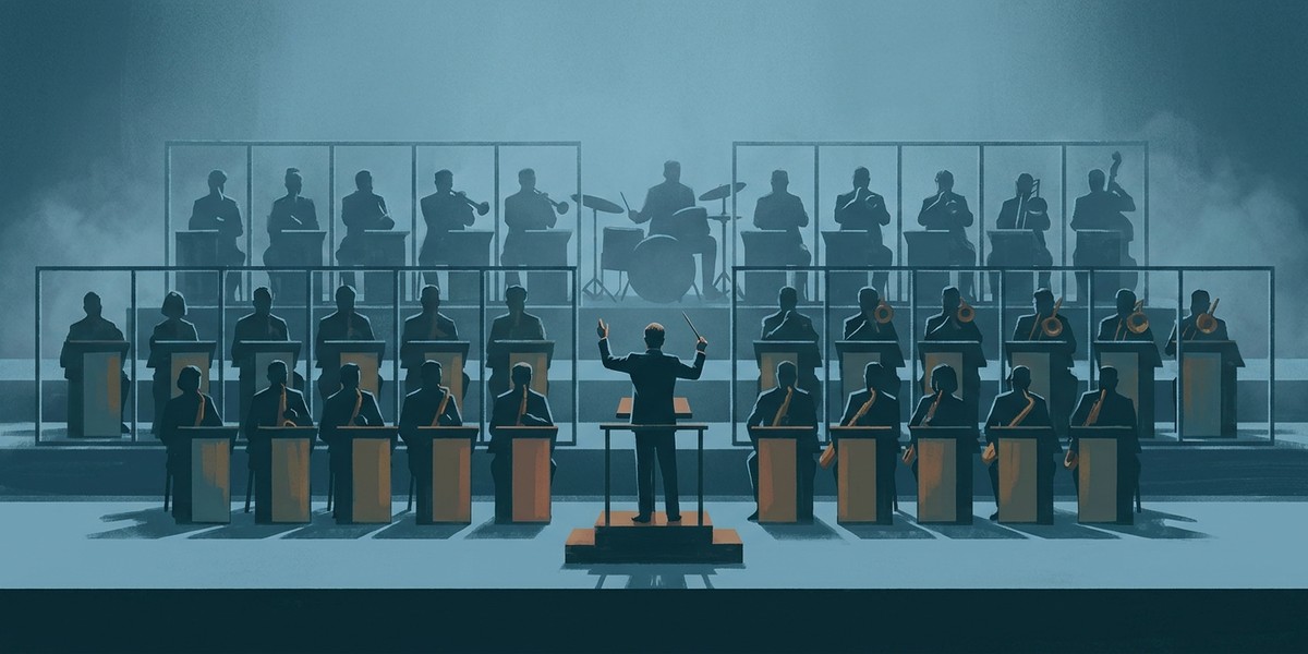 An orchestra split into separate glass booths, each section boxed off from the others
