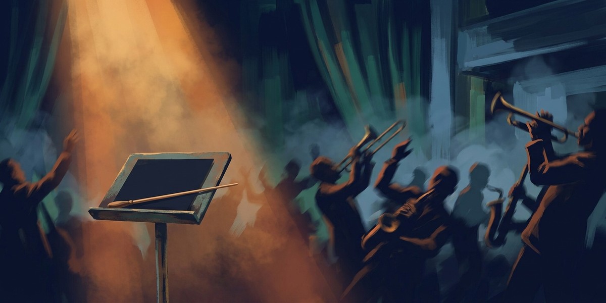 A lit music stand with the baton laid down while the band plays on without a conductor