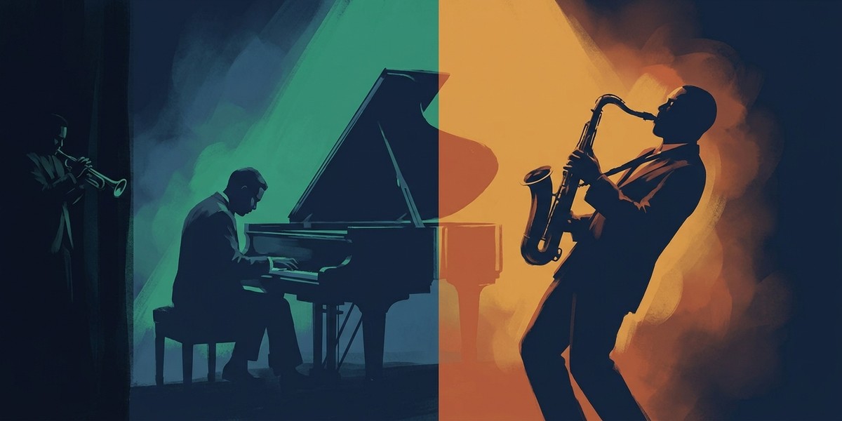 One canvas split in two, a pianist on one side and a saxophonist on the other, both playing at once