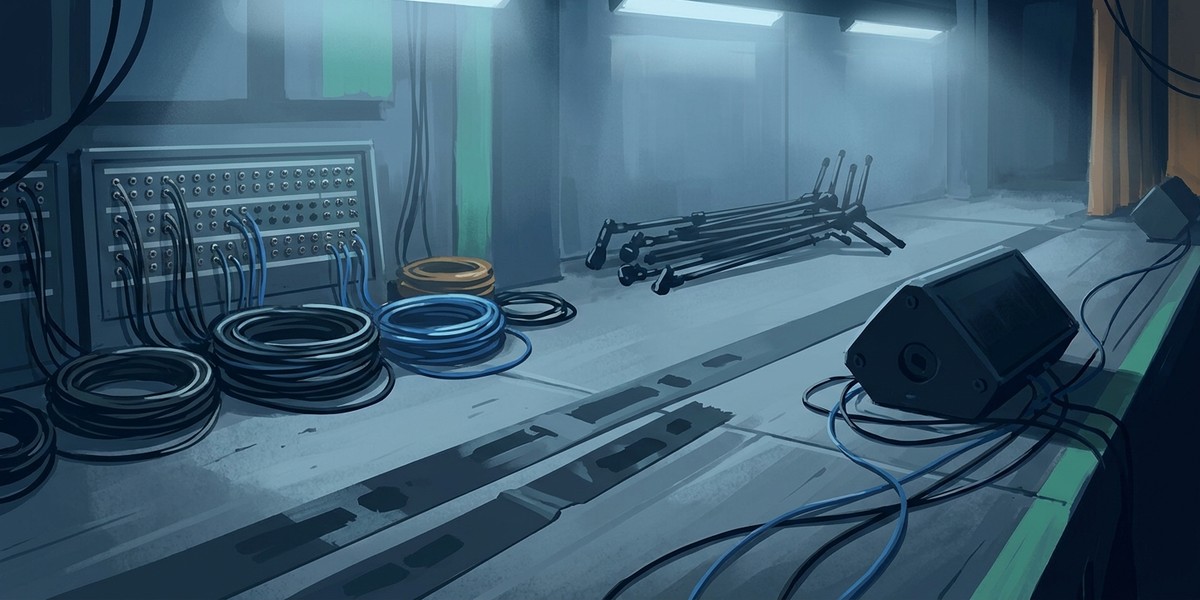 Coiled cables, a patch panel and stage boxes under the stage, the layer an audience never sees