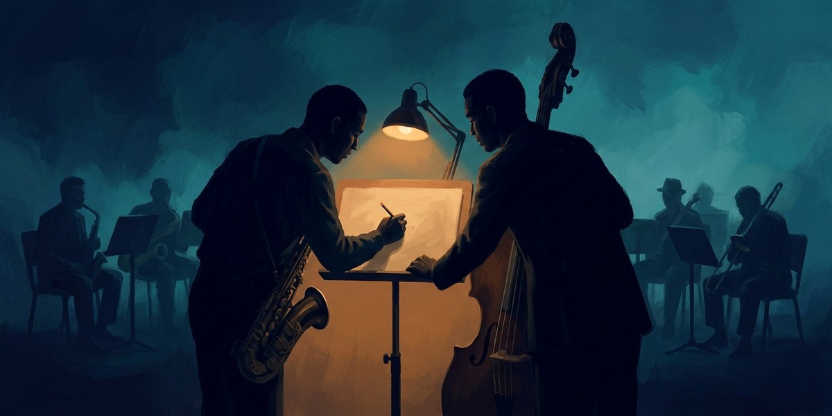 Two players leaning over a lit music stand rewriting the chart while the rest of the band waits