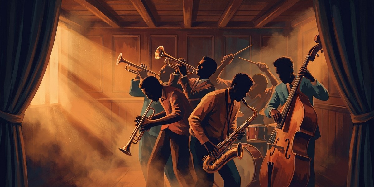 A band in full cry, horns, saxophone, drums and bass all sounding at once