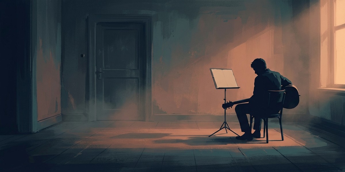 A seated player facing a blank chart on a music stand in an empty room