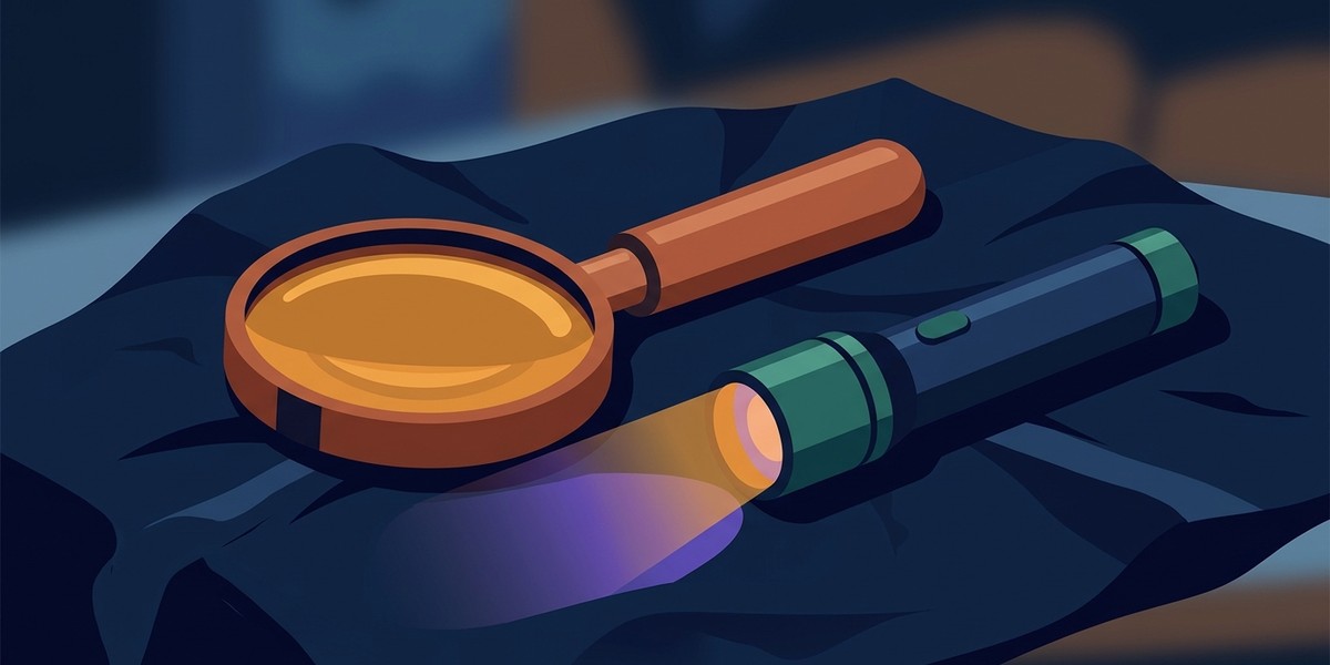 A magnifier and a UV torch laid side by side over a dusted surface