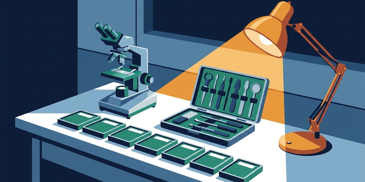 A forensics lab bench at night, samples lined up under working light