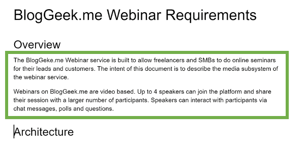 Example overview in a WebRTC requirements document